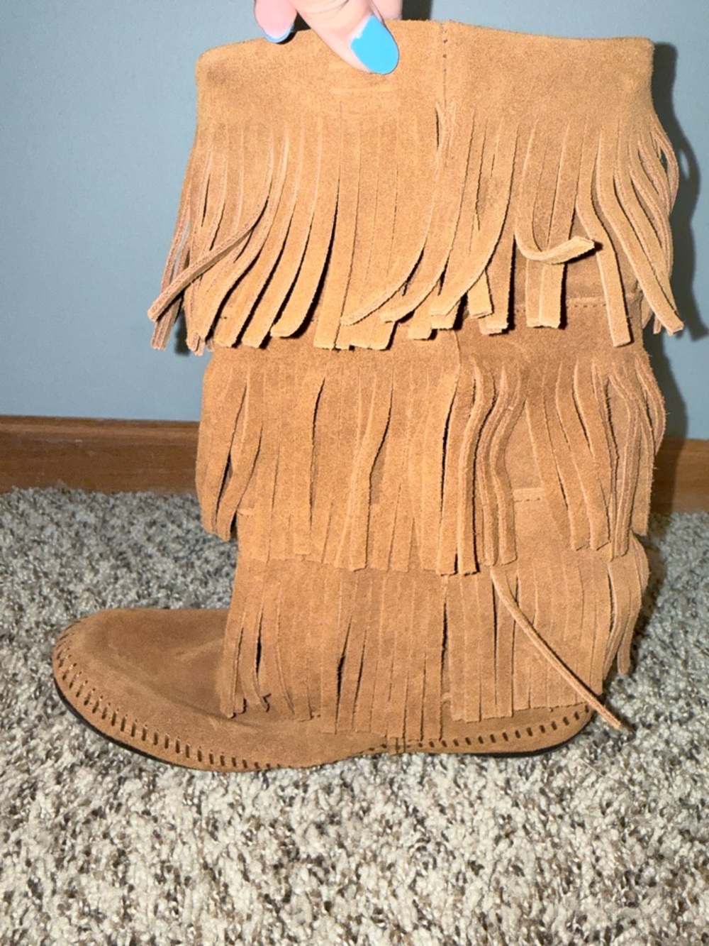 Minnetonka Fringe Suede Mid-Calf Women’s Boots - Tan